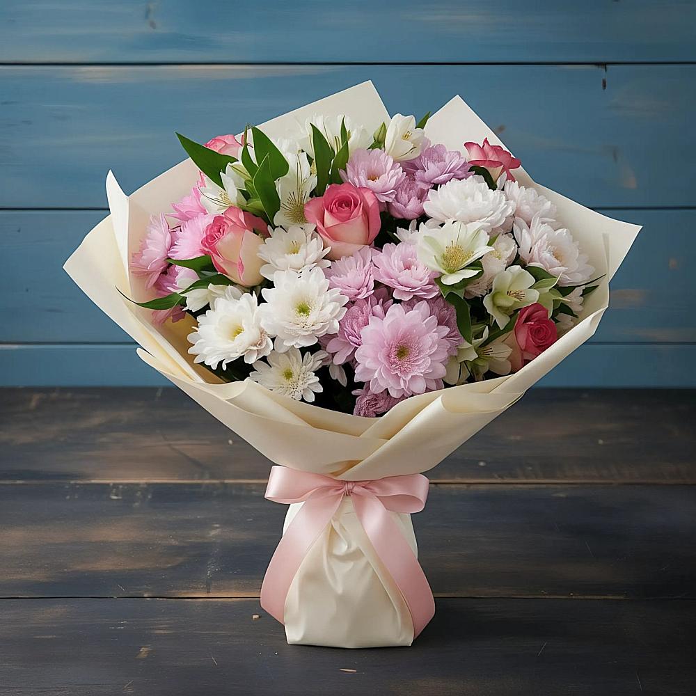 Букет цветов из: Хризантемы, Альстромерии и Розы в Табунах